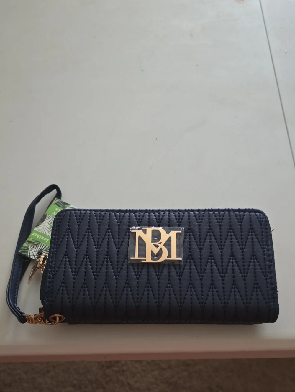 Badgley Mischka Navy Quilted Zip Wallet with Gold Logo